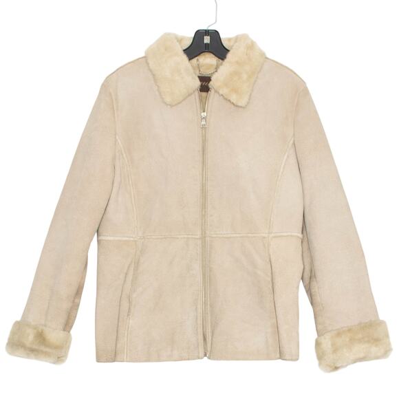 Guess Jacket Leather Faux Fur Cottage Y2K Neutral Minimalist Boho Cozy Tan Large - Picture 1 of 14